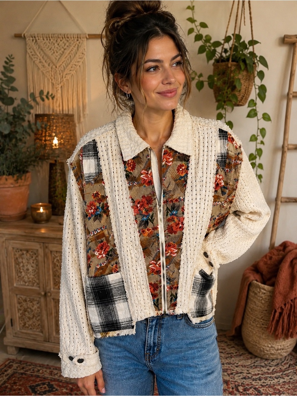 249🌟 POL Patchwork Floral & Plaid Jacket | NWOT | Size M/L ✨🤎
